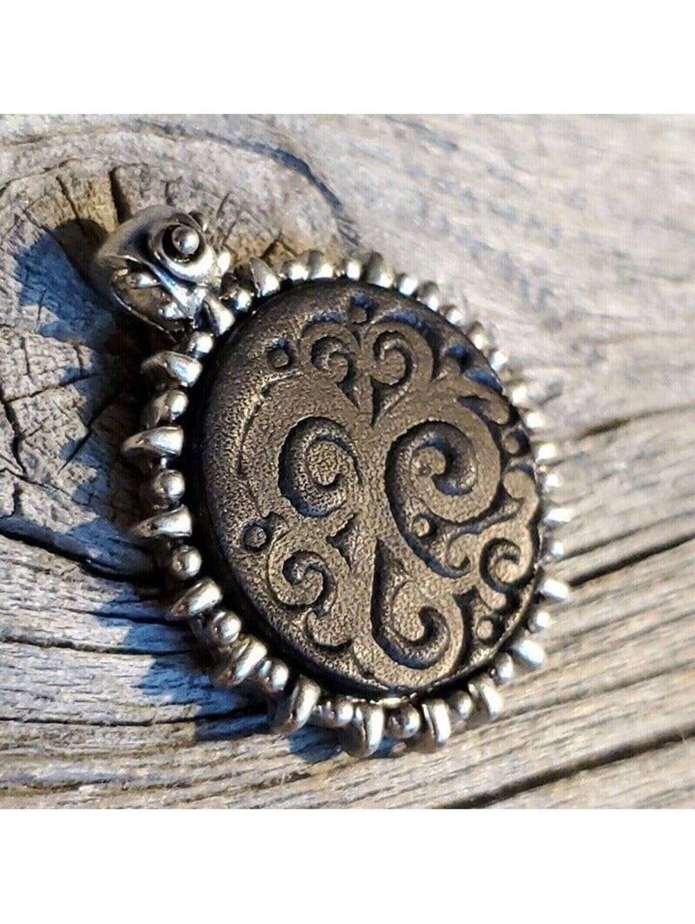 Y2K Vintage Black Leather Embossed Swirls Bali Style Bail Silver Pewter Pendant